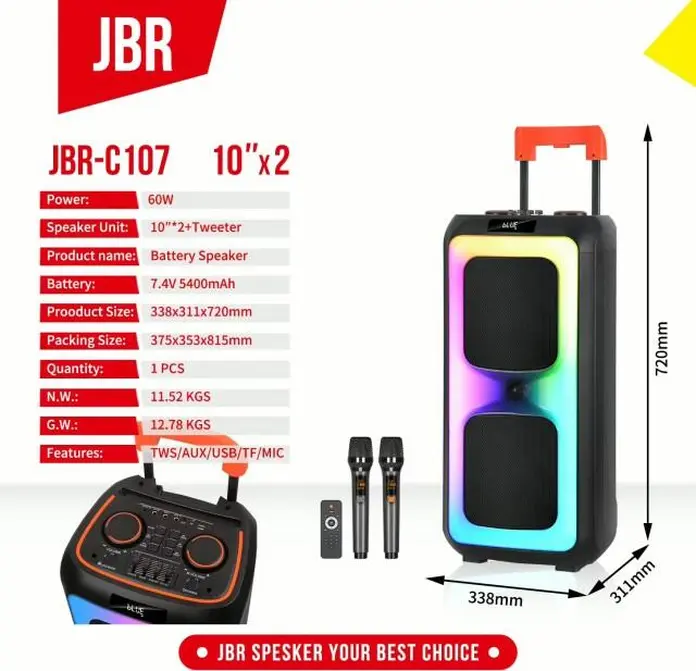 K-Max C107 Trolley Speaker, 60W Power, 2 x 10" Woofers and Tweeter, TWS, AUX, USB, TF Card, MIC Input, 7.4V 5400mAh Battery, White