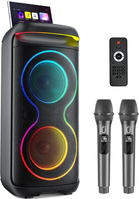 Box Parti K-Max JM-2805, 8 inch, 10W Stereo, Bluetooth 5.0, Iluminare LED, Radio FM, Player USB MP3, Karaoke cu Set de 2 Microfoane Wireless, Alb