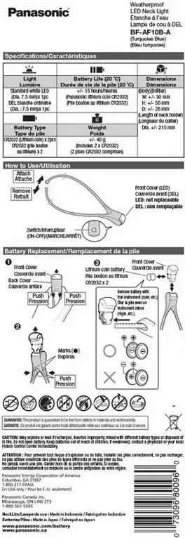 Panasonic BF-AF10 LED Neck Light, Hands-Free Wearable Lamp, 13 lm Brightness, Weatherproof, Black, Includes 2x CR2032 Batteries