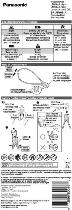 Panasonic BF-AF10 LED Neck Light, Hands-Free Wearable Lamp, 13 lm Brightness, Weatherproof, Black, Includes 2x CR2032 Batteries