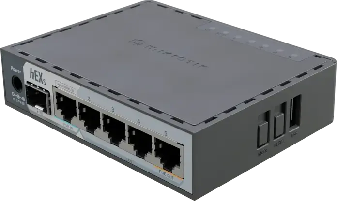 MikroTik hEX S (2025) E60iUGS Gigabit Router, ARM 32bit Dual-Core 950MHz CPU, 512MB RAM, 5x Gigabit Ethernet, 1x 2.5G SFP Port, USB 3.0, PoE-In/Out, Black