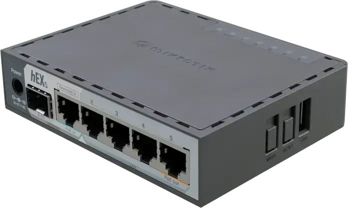 MikroTik hEX S (2025) E60iUGS Gigabit Router, ARM 32bit Dual-Core 950MHz CPU, 512MB RAM, 5x Gigabit Ethernet, 1x 2.5G SFP Port, USB 3.0, PoE-In/Out, Black