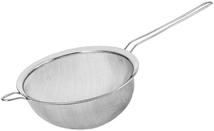 PULSIVA Clove II Kitchen Sieve, 22 cm Stainless Steel Fine Mesh Strainer with Reinforced Handle and Support Hook, Silver, Dishwasher Safe