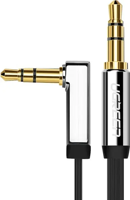 UGREEN AV119 Audio AUX Cable 3.5mm Male to 3.5mm Male, 1m Flat TPE Cable with Right Angle 90 Degree Connectors, Silver and Black