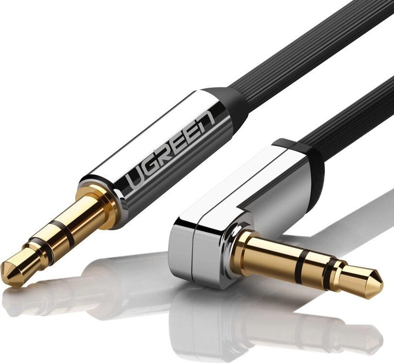 UGREEN AV119 Audio AUX Cable 3.5mm Male to 3.5mm Male, 1m Flat TPE Cable with Right Angle 90 Degree Connectors, Silver and Black