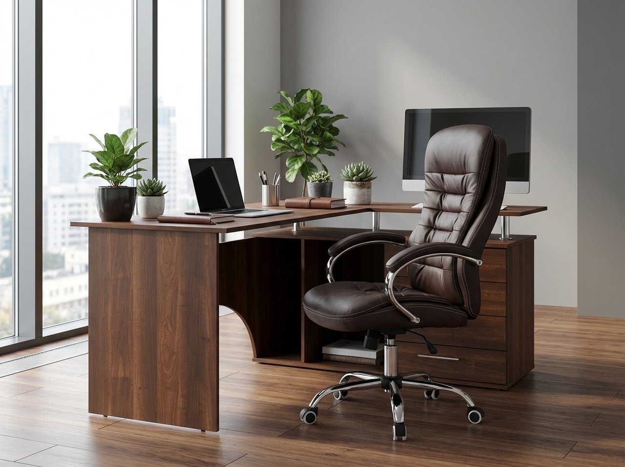 Fabrik Home N-24 TOMAS Office Chair, High Backrest, Artificial Leather, Chrome Steel Base, Gas Lift Height Adjustment, Brown