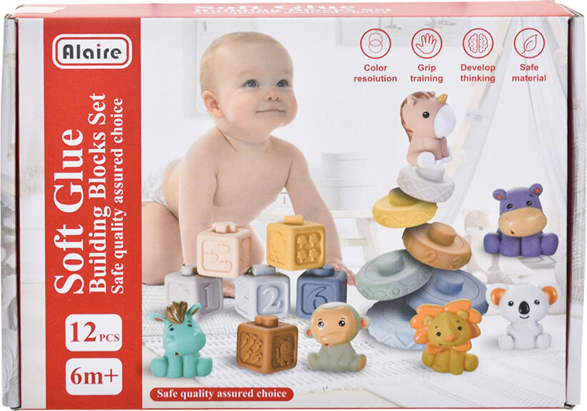 Set de 12 piese Cuburi de Constructii din Gel Moale Alaire pentru Bebe 6m+, Figurine Animale si Numere pentru Antrenarea Gripului si Dezvoltare