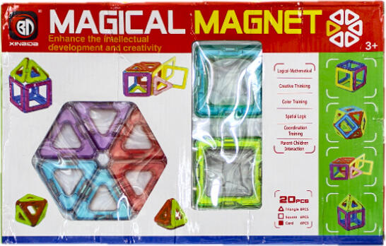 Set de Constructie Magnetic XINAIDA Magical Magnet, Set de 20 Piese (8 Triunghiuri, 6 Patrate, 6 Carduri), Jucarie Educativa din Plastic pentru Copii 3+ Ani