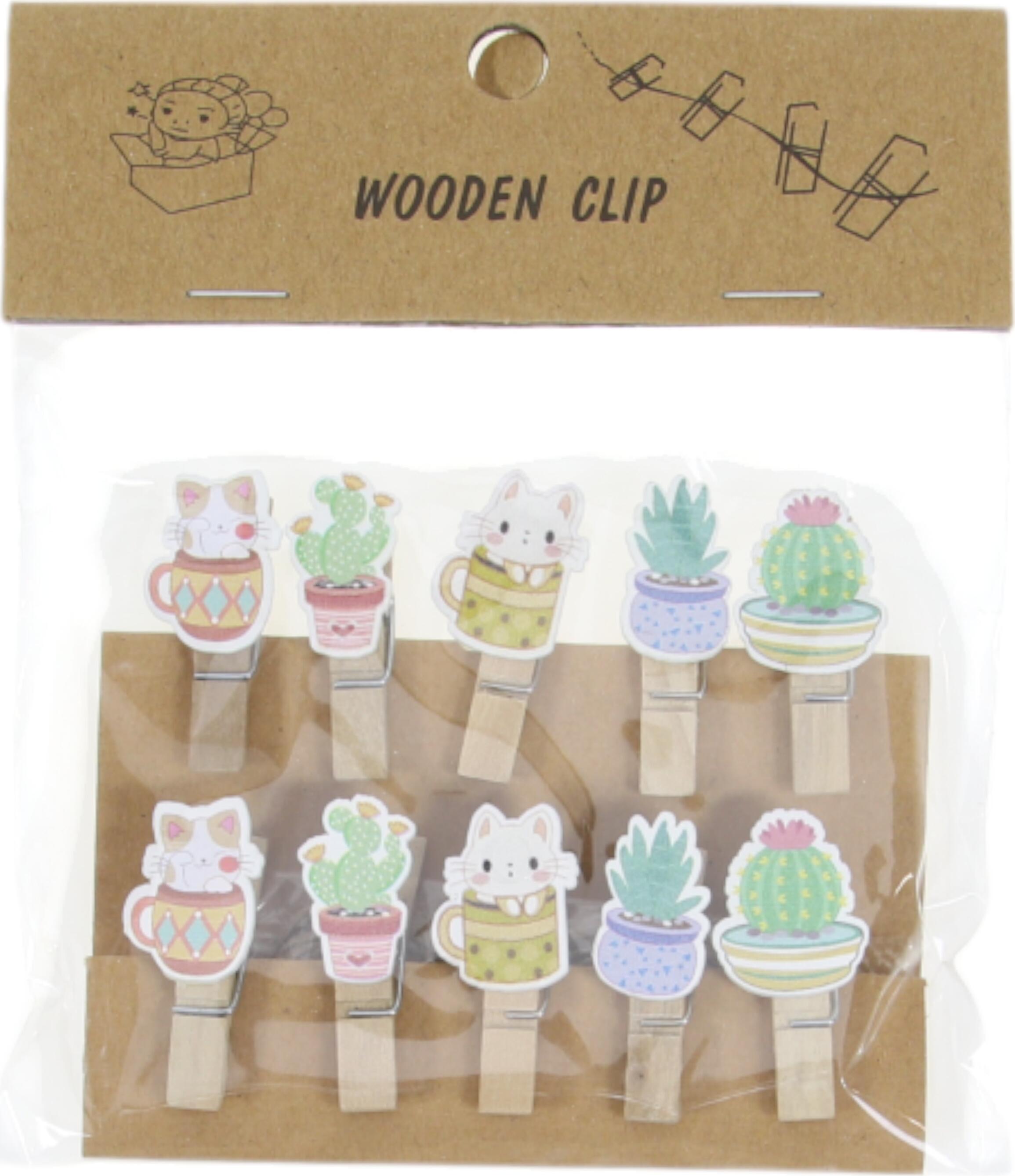Decorative Wooden Clips Set of 10 Pieces, Cartoon Cats in Cups and Cacti in Pots Designs, Wood Material, 92-6000
