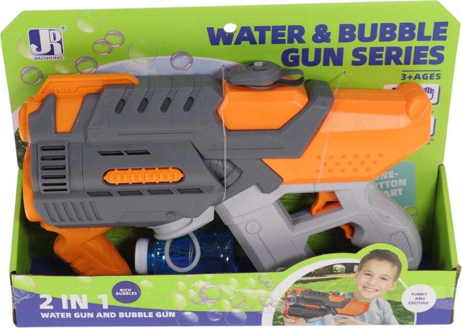 Jiadihong 2-in-1 Water and Bubble Gun Toy Set of 2 with Bubble Solution Bottle, One-Button Start, Grey-Orange, for Ages 3+