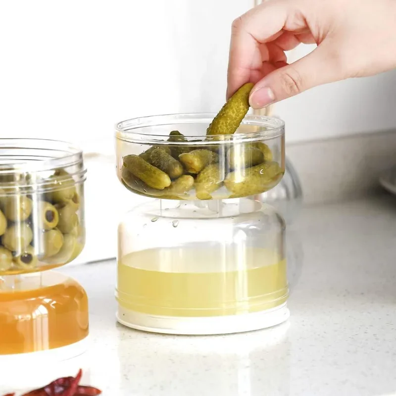 Airtight Hourglass Acrylic Pickle and Olive Storage Container with Liquid Separator and Strainer Flip Design