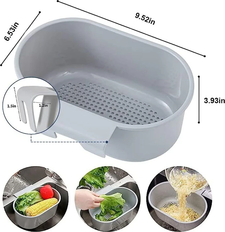 Housolution 4.7L Round Adjustable Over-the-Sink Colander with Extendable Arms and Double Side Handles - Grey Plastic Strainer