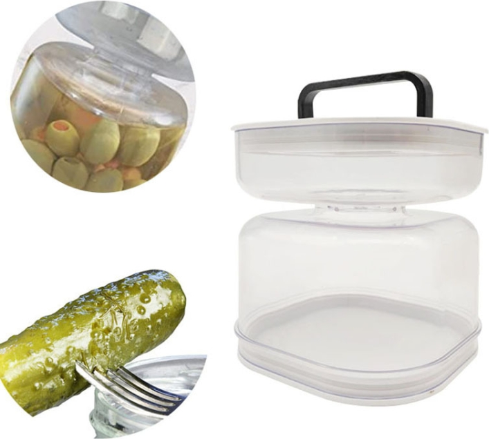 Airtight Hourglass Acrylic Pickle and Olive Storage Container with Liquid Separator and Strainer Flip Design