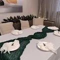 REVELION 13-Piece New Year Table Arrangement Set: 180x90cm Green Tablecloth, 6 White Napkins (60x60cm), 6 Green Christmas Tree Rhinestone Rings