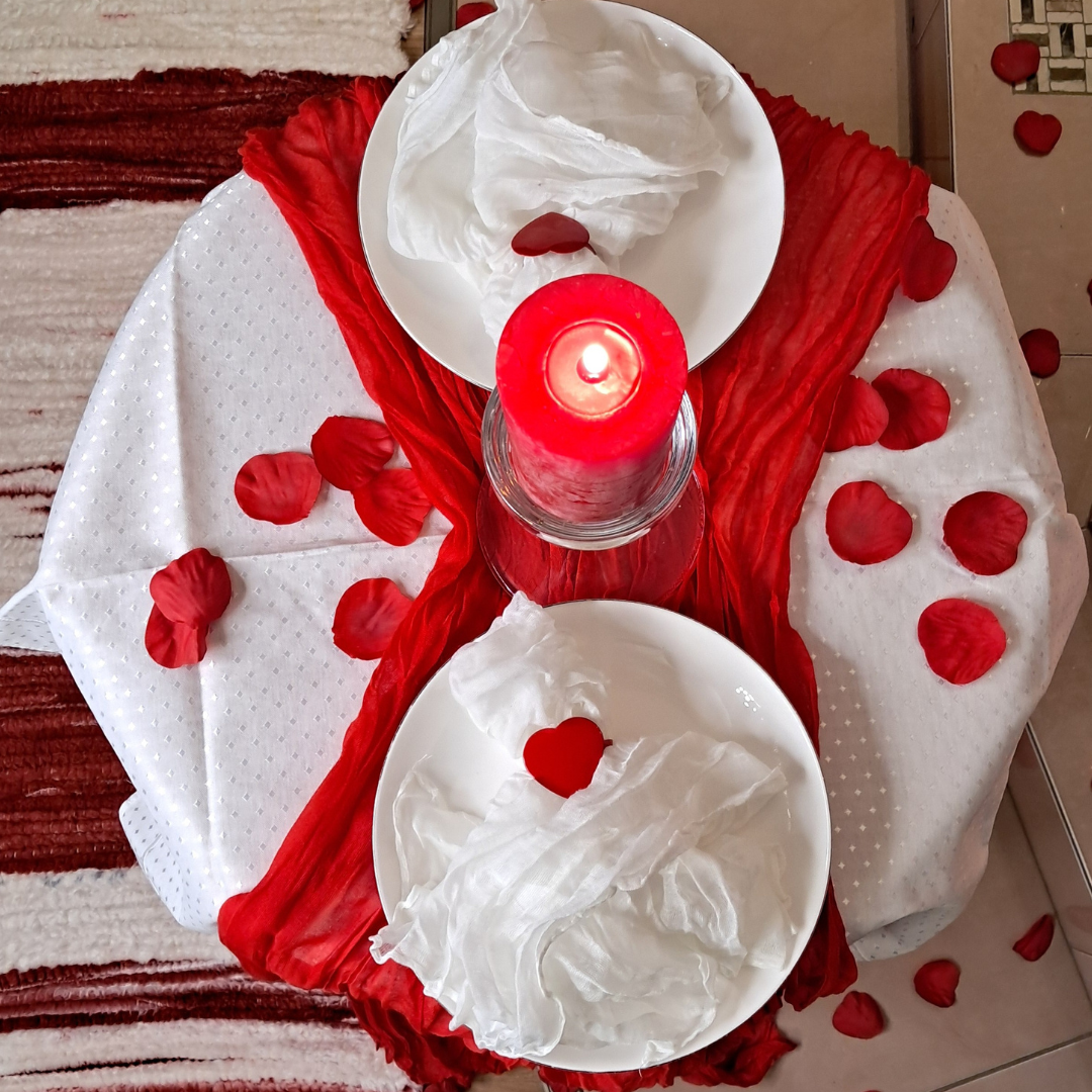 Reusable Red Romantic Valentine's Day Table Centerpiece Set with LED Candles and Silk Rose Petals