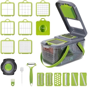 Grey and Green 13-Blade Multi-functional Vegetable Slicer and Mandoline Chopper with 1.5L Container and 420-grade Stainless Steel Blades