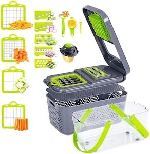 Grey and Green 13-Blade Multi-functional Vegetable Slicer and Mandoline Chopper with 1.5L Container and 420-grade Stainless Steel Blades