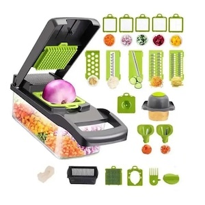 16-in-1 Multifunctional Vegetable Chopper and Slicer Set, Manual Food Dicer with 8 Stainless Steel Blades, 1.5L Container, Egg Separator and Cleaning Brush, BPA-Free, Grey/Green