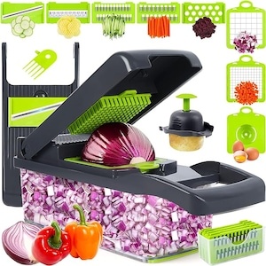 16-in-1 Multifunctional Vegetable Chopper and Slicer Set, Manual Food Dicer with 8 Stainless Steel Blades, 1.5L Container, Egg Separator and Cleaning Brush, BPA-Free, Grey/Green