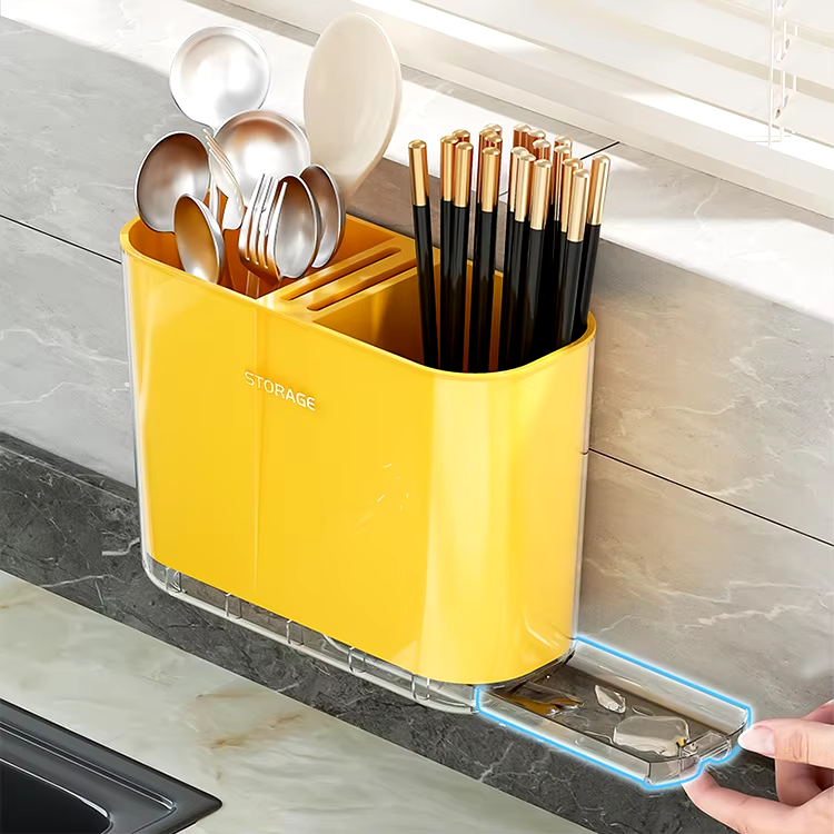 Glossy Green and Yellow 3-Compartment Plastic Cutlery Drying Rack with Removable Drainage Tray