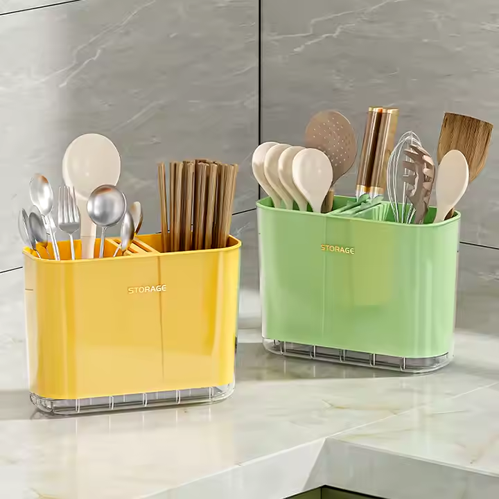 Glossy Green and Yellow 3-Compartment Plastic Cutlery Drying Rack with Removable Drainage Tray