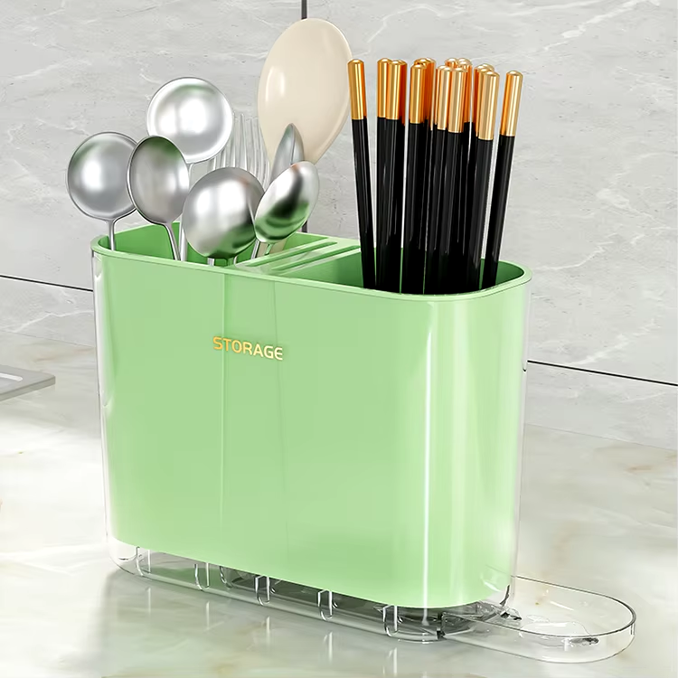 Glossy Green and Yellow 3-Compartment Plastic Cutlery Drying Rack with Removable Drainage Tray