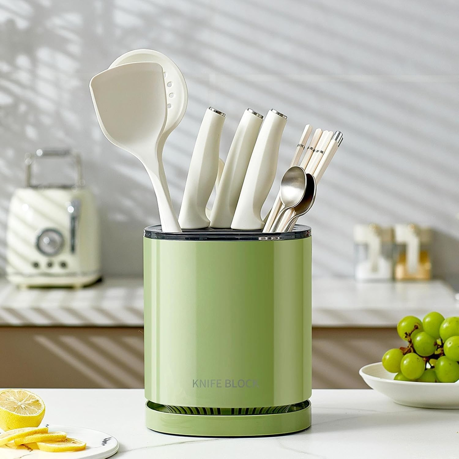 360° Rotating Kitchen Utensil Holder and Knife Block, Multifunctional Countertop Organizer with Drain Tray and 6 Hooks, Carbon Steel, 23x25cm, Black