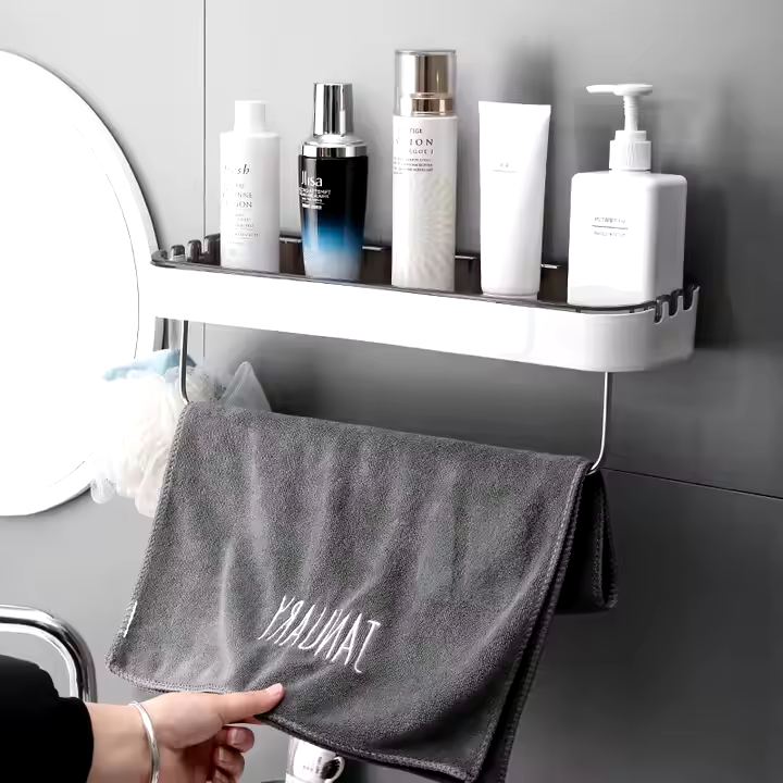 Raft de baie modern, montat pe perete, negru mat, de 60 cm - Raft din plastic și oțel inoxidabil cu bară de prosoape și cârlige integrate
