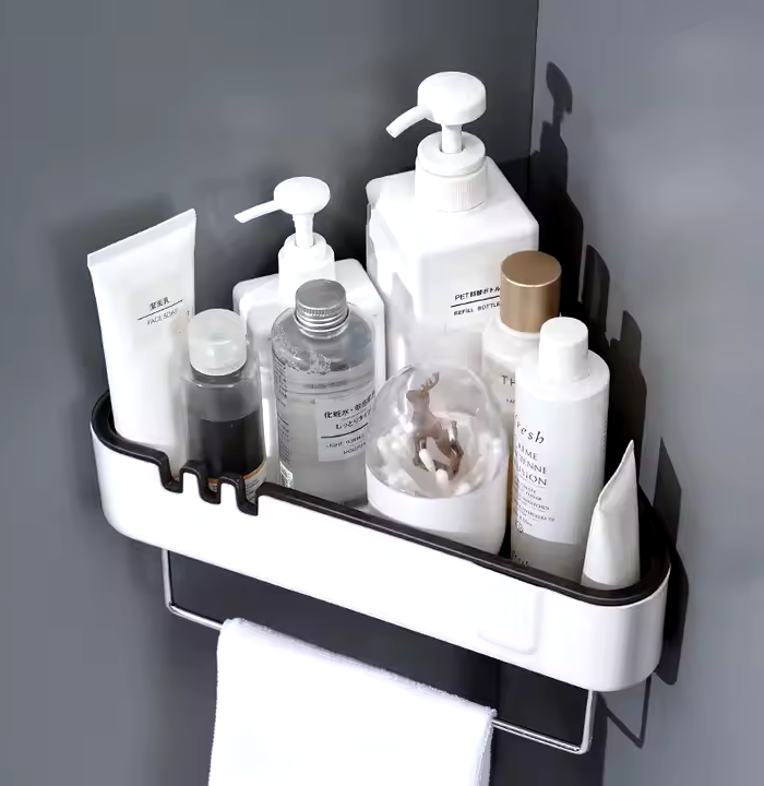 Telescopic Bathroom Corner Shelf, 4-Tier Adjustable Height 85-305cm, Rust-Resistant Metal and PP Plastic, No-Drilling Tension Pole Organizer with Towel Rail and Hooks, White/Chrome