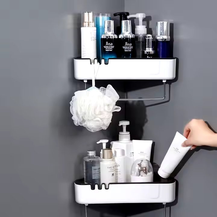 Telescopic Bathroom Corner Shelf, 4-Tier Adjustable Height 85-305cm, Rust-Resistant Metal and PP Plastic, No-Drilling Tension Pole Organizer with Towel Rail and Hooks, White/Chrome