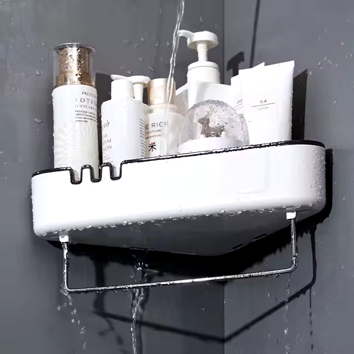 Telescopic Bathroom Corner Shelf, 4-Tier Adjustable Height 85-305cm, Rust-Resistant Metal and PP Plastic, No-Drilling Tension Pole Organizer with Towel Rail and Hooks, White/Chrome