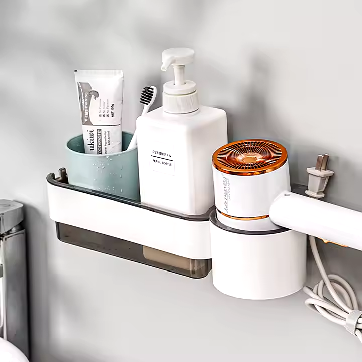 Etajeră de baie din aluminiu pentru perete cu suport spiralat pentru uscător de păr și cupă de depozitare, organizator rezistent la coroziune pentru placă de păr și accesorii, Negru/Argintiu